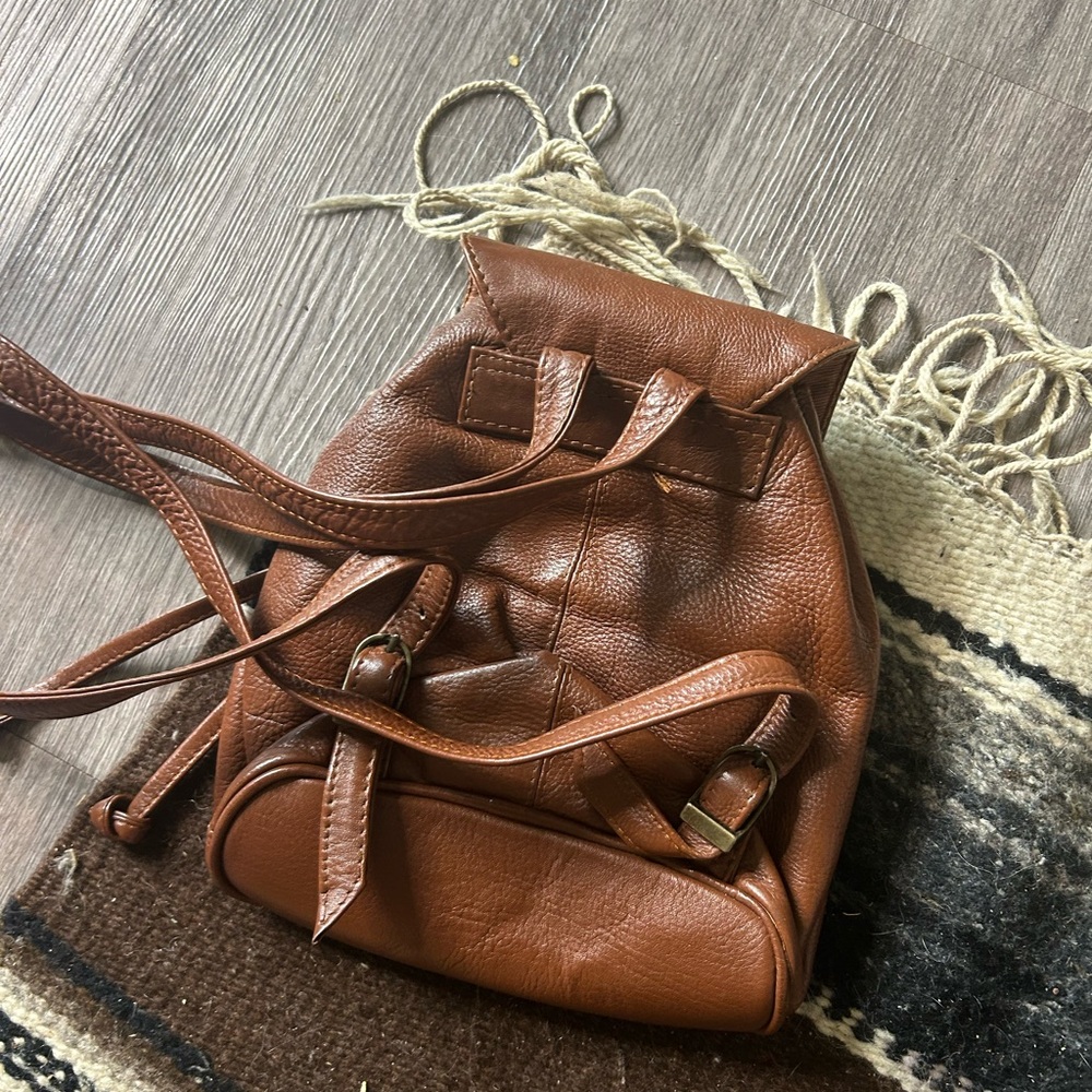 Compact Brown Leather Mini Backpack with Front Po… - image 2